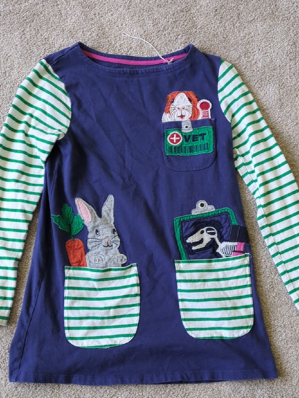Mini Boden Navy Tunic with Green & White Striped Sleeves